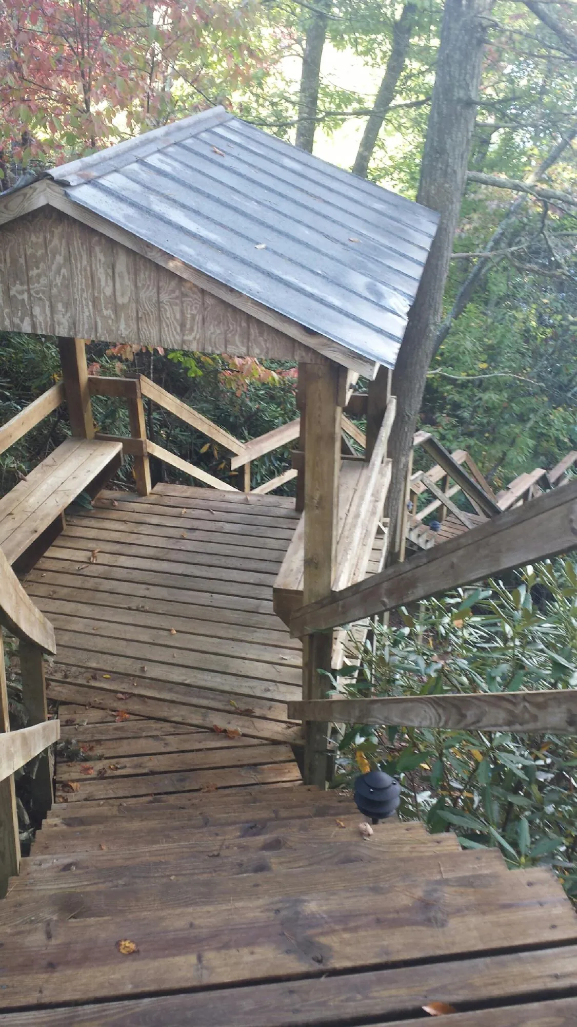 Metal roofed shelter over wooden steps on a wooded walkway — Skylight Repair & Installation work by our crew in Cummings